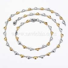 Two Tone 304 Stainless Steel Heart Link Chain Jewelry Sets, Necklaces and Bracelets, with Lobster Claw Clasps, Golden & Stainless Steel Color, 17.72 inch(45cm), 7-7/8 inch~8-1/4 inch(200~210mm)