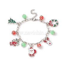 Christmas Tree & Santa Claus Alloy Enamel & Acrylic Charm Bracelet, Iron Jewelry for Women