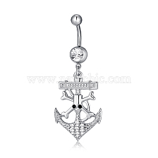 Piercing Jewelry, Brass Cubic Zirconia Navel Ring, Belly Rings, with 304 Stainless Steel Bar, Lead Free & Cadmium Free, Anchor