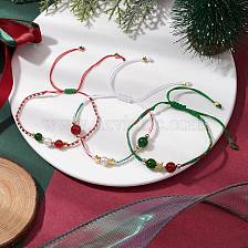 3Pcs 3 Styles Christmas 8mm Round Dyed Natural Malaysia Jade & Natural Carnelian & Glass Seed Beads Braided Bead Bracelets, Adjustable Star Bracelets