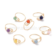 7Pcs Round Natural & Synthetic Mixed Stone Braided Bead Finger Rings, Light Gold Tone Copper Wire Wrapped Jewelry for Women