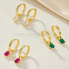 Real 18K Gold Plated 925 Sterling Silver Dangle Hoop Earrings, Diamond Cubic Zirconia Drop Earrings, with 925 Stamp