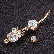 Piercing Jewelry, Brass Cubic Zirconia Navel Ring, Belly Rings, with 304 Stainless Steel Bar, Cadmium Free & Lead Free, Owl