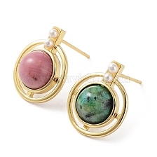 Dyed Synthetic & Natural Mixed Gemstone Half Round Dangle Stud Earrings, Real 18K Gold Plated Brass Earrings, Cadmium Free & Lead Free