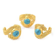 Synthetic Turquoise Open Cuff Ring, Golden Brass Leafy Branch Ring for Women, Long-Lasting Plated