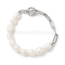 Natural Baroque Pearl Beaded Bracelet with 304 Stainless Steel Paperclip Chains for Women