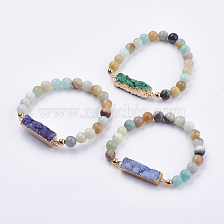 Natural Amazonite Stretch Bracelets, with Druzy Agate Links & Golden Plated 304 Stainless Steel Findings, Round & Rectangle