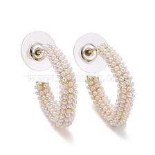 Imitation Pearl Beaded Twist C-shape Stud Earrings, Alloy Half Hoop Earrings, Open Hoop Earrings with 925 Sterling Silver Pin for Women, Light Gold