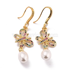 Butterfly with Imitation Pearl Beads Sparkling Cubic Zirconia Dangle Earrings for Her, Real 18K Gold Plated Brass Earrings