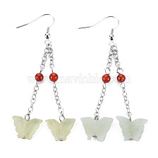 Butterfly Natural New Jade Dangle Earrings for Girl Women, Red Agate Beads Earrings with Brass Pin