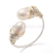 Natural Pearl Cuff Ring, Brass Wire Wrap Finger Ring