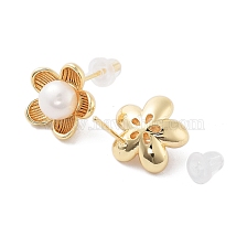 Natural Pearl Ear Studs, with Brass Findings and 925 Sterling Silver Pins, Flower