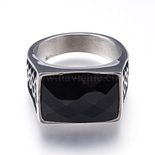 304 Stainless Steel Wide Band Rings, with Natural Black Agate, Rectangle