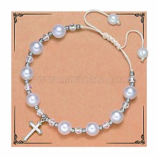 Handmade woven artificial pearl bracelet with cross heart pendant pearl wristband.