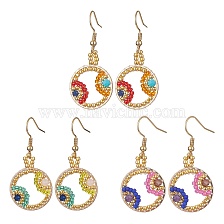 Glass Beaded Flat Round with Evil Eye Dangle Earrings, 304 Stainless Steel Earrings