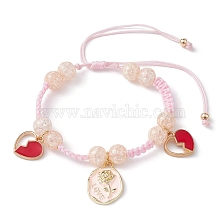 Synthetic Crackle Quartz Braided Bead Bracelet, Heart & Rose Alloy Enamel Charm Bracelet for Valentine's Day