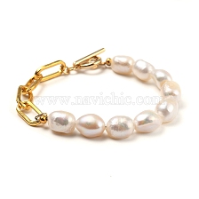 Natural Baroque Pearl Keshi Pearl Beaded Bracelets, with Iron Paperclip Chains and 304 Stainless Steel Toggle Clasps, Golden, 7.28~7.68 inch(18.5~19.5cm)