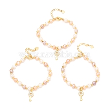 Brass Micro Pave Cubic Zirconia Key Charms Bracelets, Real 18K Gold Plated, with Natural Pearl, Long-Lasting Plated