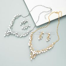 Retro Flowers Leaf Inlaid Pearl Rhinestone Earrings Necklace Set