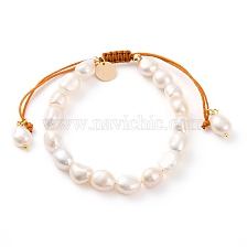 Adjustable Nylon Thread Braided Bead Bracelets, with Oval Natural Cultured Freshwater Pearl Beads and Flat Round Brass Charms, Real 18K Gold Plated