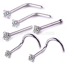 6Pcs 6 Style Clear Cubic Zirconia Nose Studs, 316 Surgical Stainless Steel Fishtail & L-shape & Nose Bone Rings, Nose Piercing Jewelry for Women