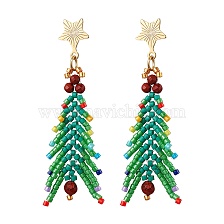 Christmas Tree Natural Red Jasper & Glass Seed Beads Dangle Stud Earrings for Women