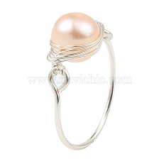 Natural Pearl Braided Bead Finger Ring, Silver Copper Wire Wrap Ring for Women