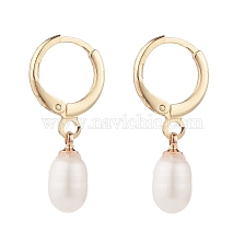 Natural Pearl Drop Hoop Earrings, Brass Jewelry for Women, Light Gold