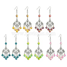 Alloy Flower Chandelier Earrings, Synthetic Turquoise Round Beaded Long Drop Earrings for Women