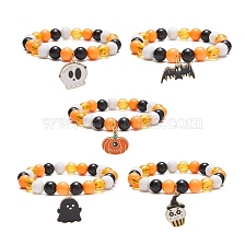 Acrylic Round Beaded Stretch Bracelet, Alloy Enamel Charms Halloween Bracelet for Women