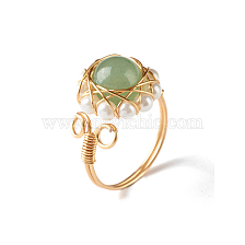 Natural Green Aventurine Finger Ring for Girl Women, Round Shell Pearl Beads Ring, Brass Wire Wrap Ring, Golden, US Size 7 3/4(17.9mm)