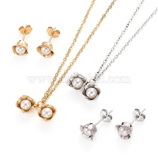 Flower 304 Stainless Steel  Jewelry Sets, Cable Chains Pendant Necklaces and Stud Earrings, with Plastic Imitation Pearl, Lobster Claw Clasps and Ear Nuts