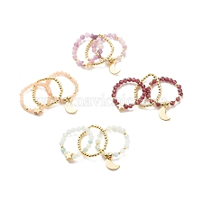 3Pcs 3 Style Natural Gemstone & Synthetic Hematite Stretch Rings Set, Moon and Brass Star Charm Rings for Women, Golden