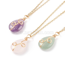 Natural Gemstone Teardrop Pendant Necklace, Gold Plated 304 Stainless Steel Wire Wrap Jewelry for Women