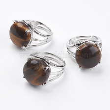 Adjustable Natural Tiger Eye Finger Rings, with Brass Findings, US Size 7 1/4(17.5mm), gemstone: 16mm