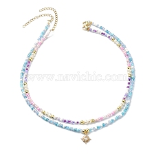 2Pcs 2 Style Glass Seed Beaded Necklaces Set, Clear Cubic Zirconia Sun Charm Stackable Necklaces