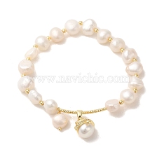 Natural Pearl & Brass Tube Stretch Bracelets, with Teardrop Charms