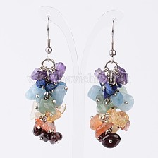 Chakra Mixed Gemstone Cluster Earrings, with 304 Stainless Steel Pins, 55mm, Pin: 0.6mm