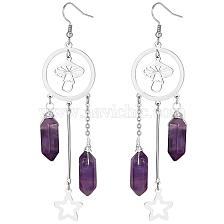 Natural Gemstone Bullet Chandelier Earrings, 304 Stainless Steel Mushroom & Star Long Drop Earrings for Women, Stainless Steel Color