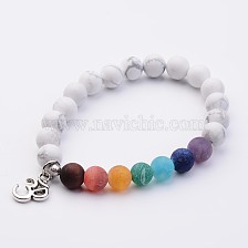 Natural Gemstone Stretch Bracelets, with Alloy Ohm Pendants, Antique Silver