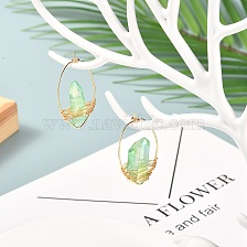 Electroplated Natural Quartz Wire Wrapped Earrings for Girl Women, Golden Horse Eye Shape Brass Hoop Earrings