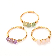 Copper Wire Wrapped Natural Gemstone Braided Bead Rings for Women, Real 18K Gold Plated