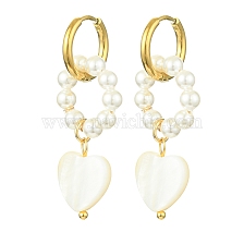 Shell Pearl & Shell Heart Dangle Hoop Earrings, Golden Alloy Drop Earrings