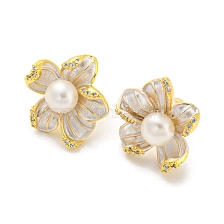 Cubic Zirconia Flower Stud Earrings with Natural Pearl, Brass Earrings with 925 Sterling Silver Pins