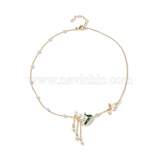 Alloy Enamel Flower & Brass Butterfly Pendant Necklace, ABS Plastic Imitation Pearl Beaded Chains Necklace for Women