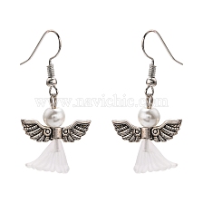 Lovely Wedding Dress Angel Dangle Earrings, with Tibetan Style Beads, Glass Pearl Beads, Transparent Acrylic Beads and Brass Earring Hooks, White, 40mm