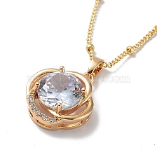 Flower Brass Micro Pave Cubic Zirconia Pendant Necklaces, with Glass