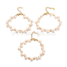 Natural Pearl Beaded Bracelets, with Brass Chain, Real 18K Gold Plated