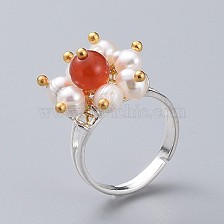 Adjustable Natural Gemstone Finger Rings, with Natural Pearl, Silver Plated Brass Ring Shanks and Ball Head Pin, with Cardboard Packing Box