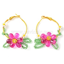 Woven Glass Leaf Huggie Hoop Earring, with Iron Findings, Flower